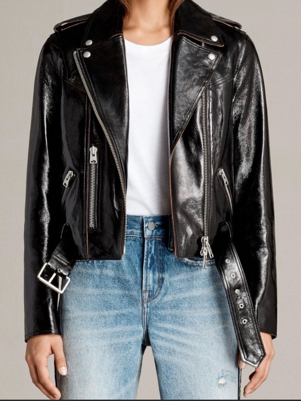 All Saints Black Shiny Patent Leather Moto Jacket
